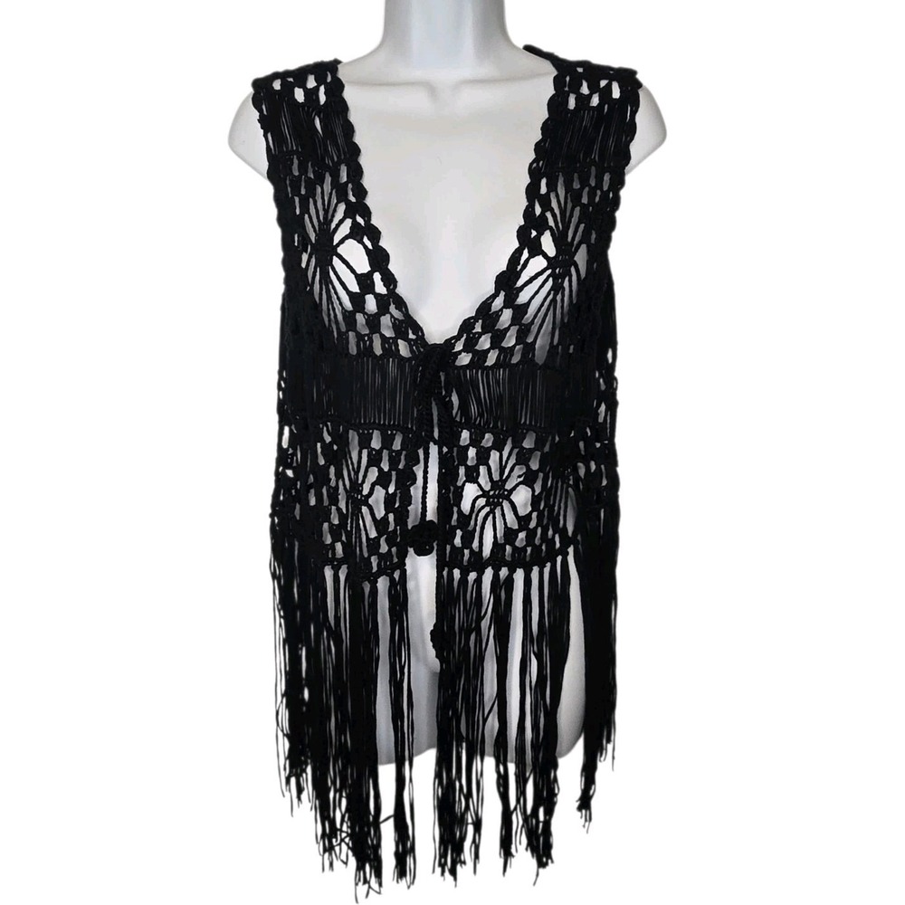 Madden Black Crochet Fringe Vest Boho Western Cowgirl Festival Coachella One Sz